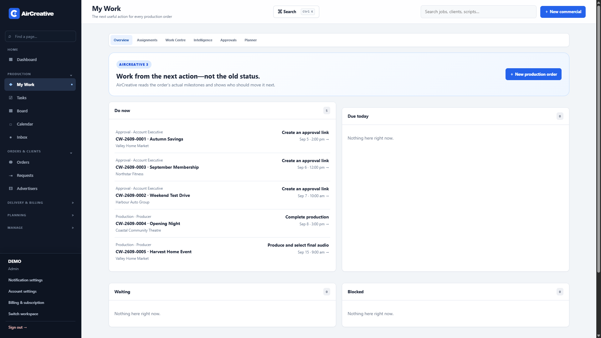 AirCreative demo workspace showing commercial assignments and next actions