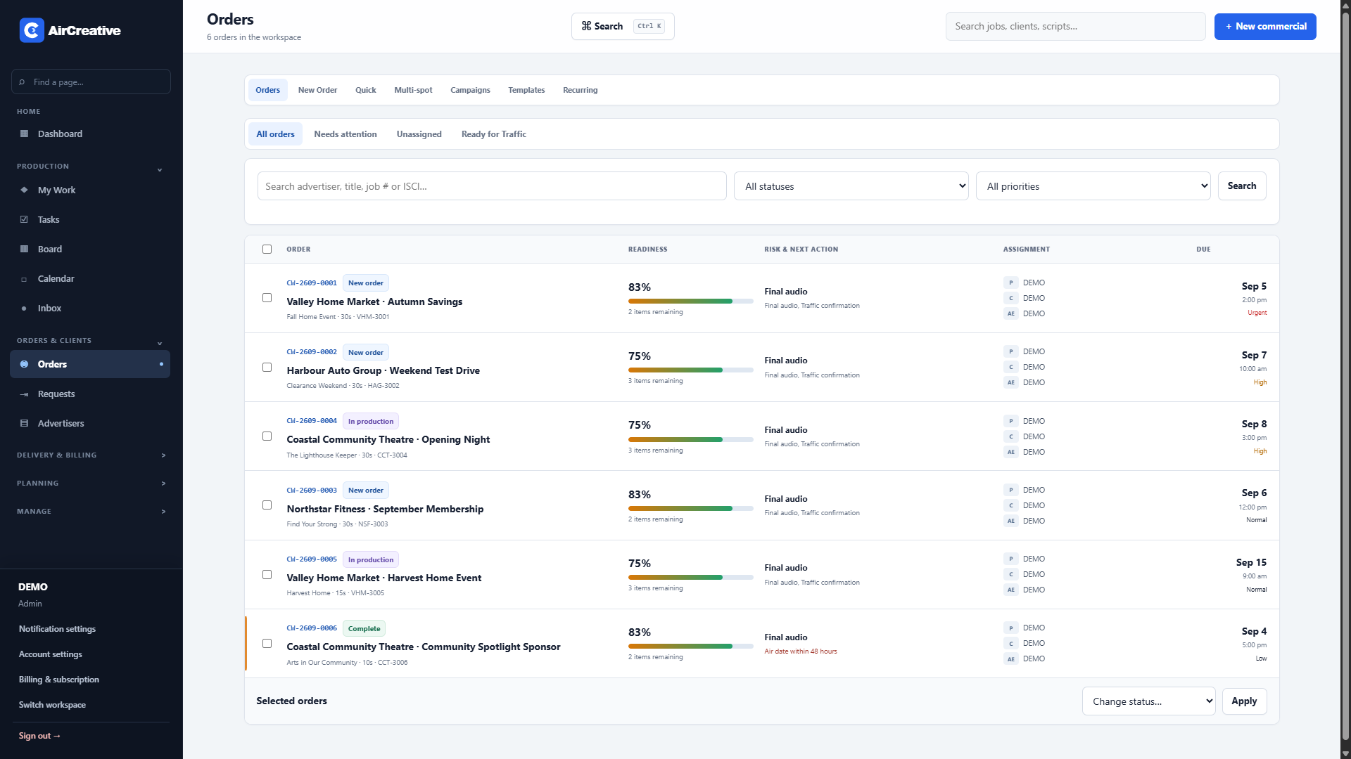 AirCreative demo orders showing progress, assignments and deadlines